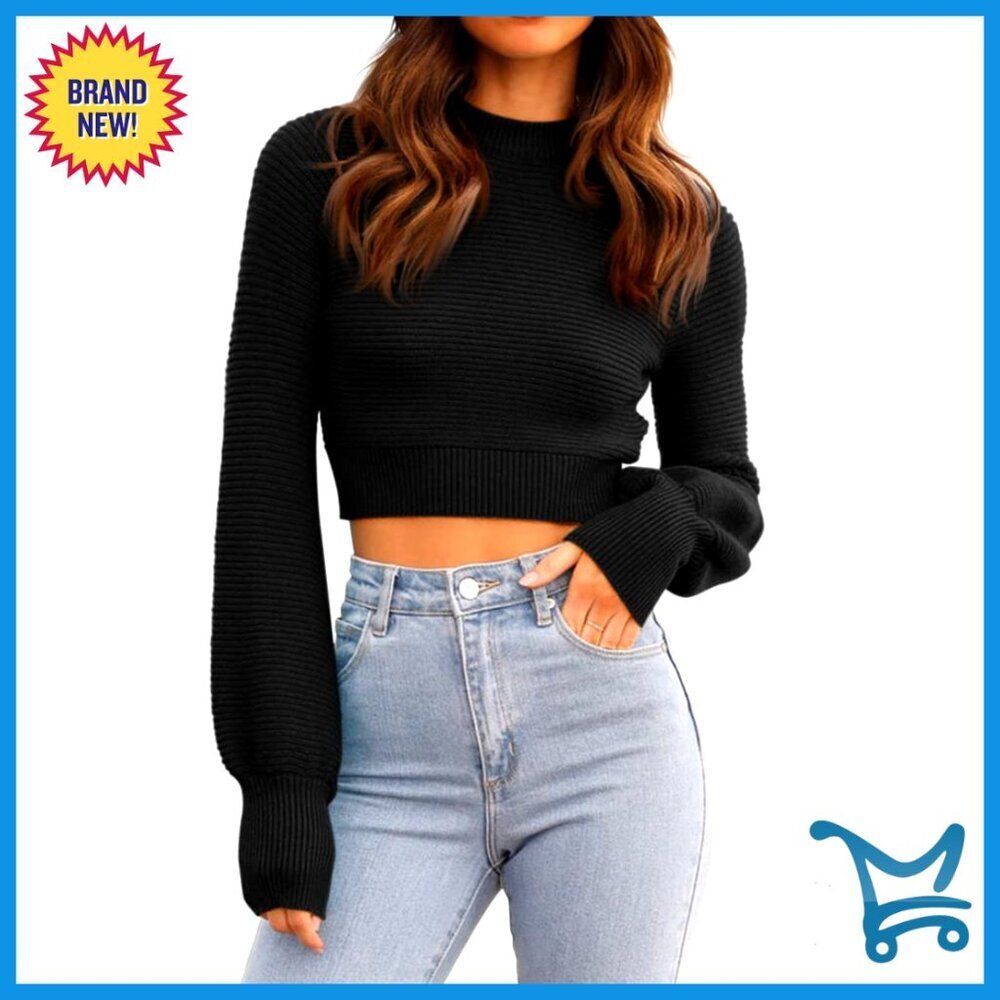 Ribbed Knit Cropped Sweater Long Sleeve Crew Neck Slim Fit Chic Pullover